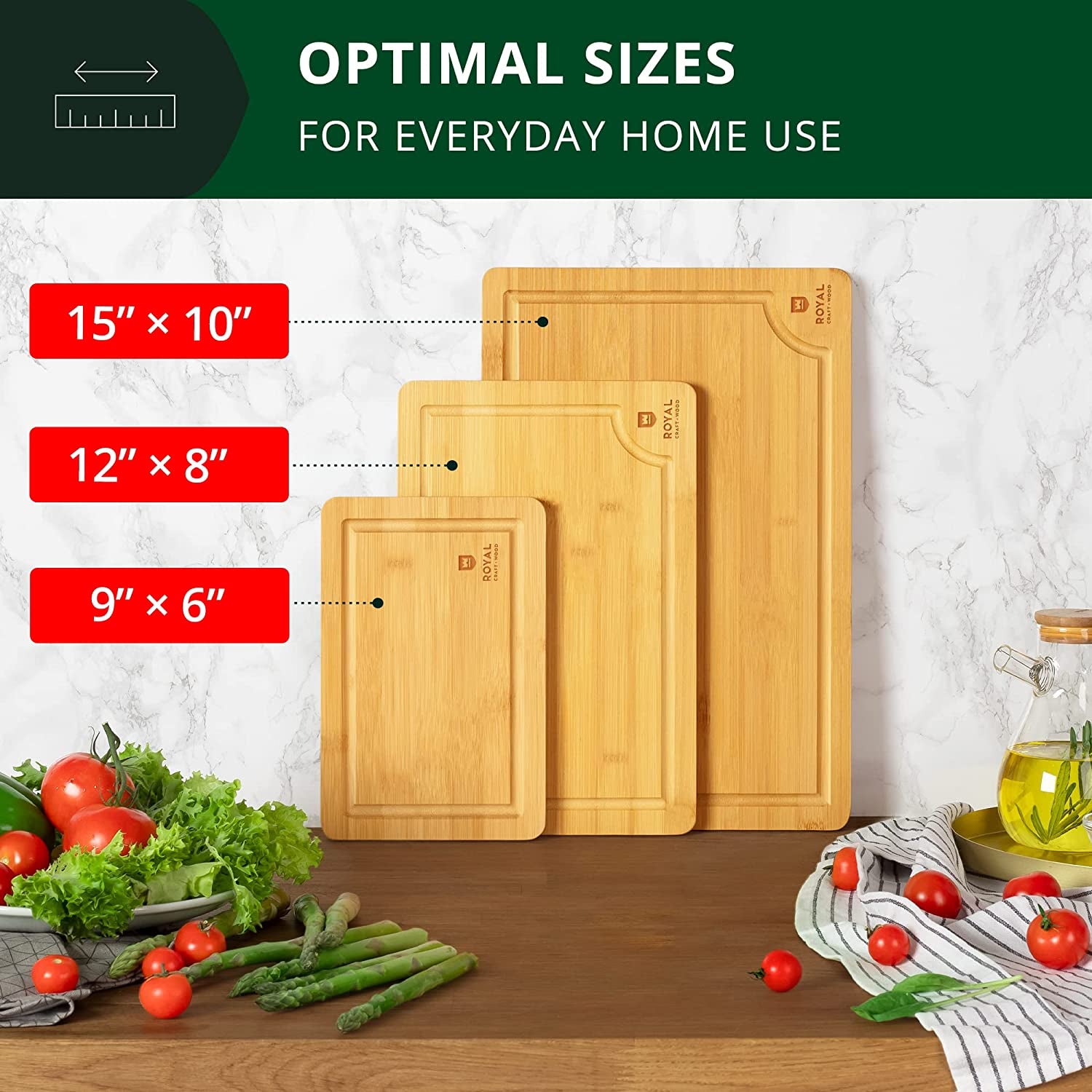 Bamboo Cutting Board Set of 3 - Kitchen Chopping Boards with Juice Grooves and Easy Grip Handle - Ideal for Cutting Meats and Vegetables 