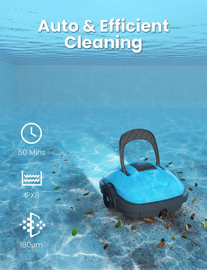 Cordless Robotic Pool Cleaner - Automatic Vacuum with Powerful Suction, IPX8 Waterproof, Dual-Motor, and 180Μm Fine Filter for Above/In Ground Flat Pools up to 525 Sq.Ft (Blue) 