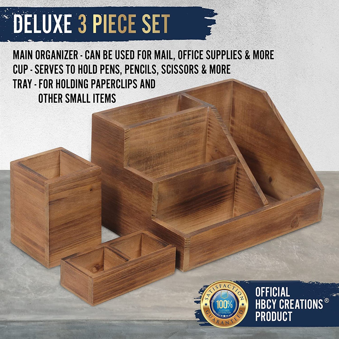 3-Piece Rustic Wooden Desk Organizer Set - Ideal for Rustic or Industrial Home Decor - Perfect for Organizing Mail and Makeup on Desktop or Vanity