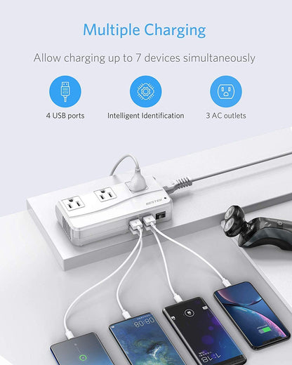 Universal Travel Adapter 100-220V to 110V Voltage Converter 250W with 6A 4-Port USB Charging 3 AC Sockets and Eu/Uk/Au/Us/India Worldwide Plug Adapter (White)