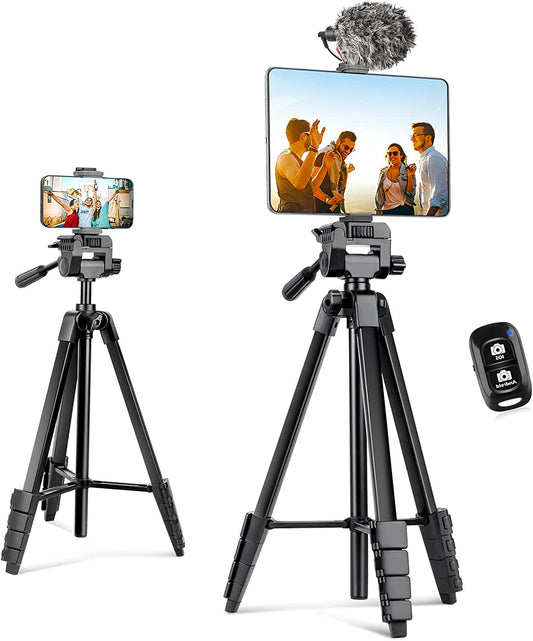 Professional 64" Extendable Phone and Camera Tripod Stand with Wireless Remote, Phone Holder, and Aluminum Construction for Video Recording, Selfies, Live Streaming, and Vlogging