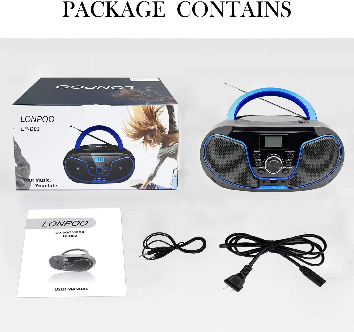  Portable Bluetooth CD Boombox with FM Radio, USB Playback, Aux Input, Earphone Output, and Digital Tuner