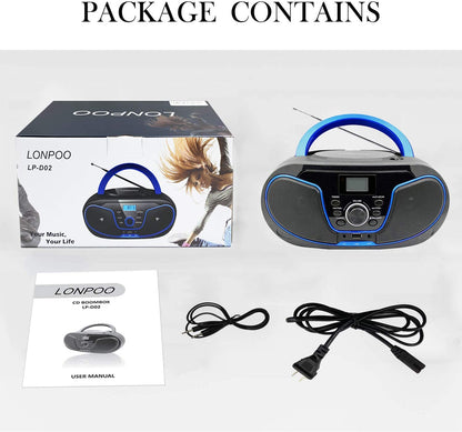  Portable Bluetooth CD Boombox with FM Radio, USB Playback, Aux Input, Earphone Output, and Digital Tuner