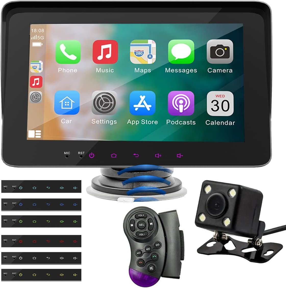  Wireless Carplay 7" IPS Touch Screen with Reverse Rearview Camera, Bluetooth Phone, GPS Navigation, and Portable 7 Color Atmosphere Light