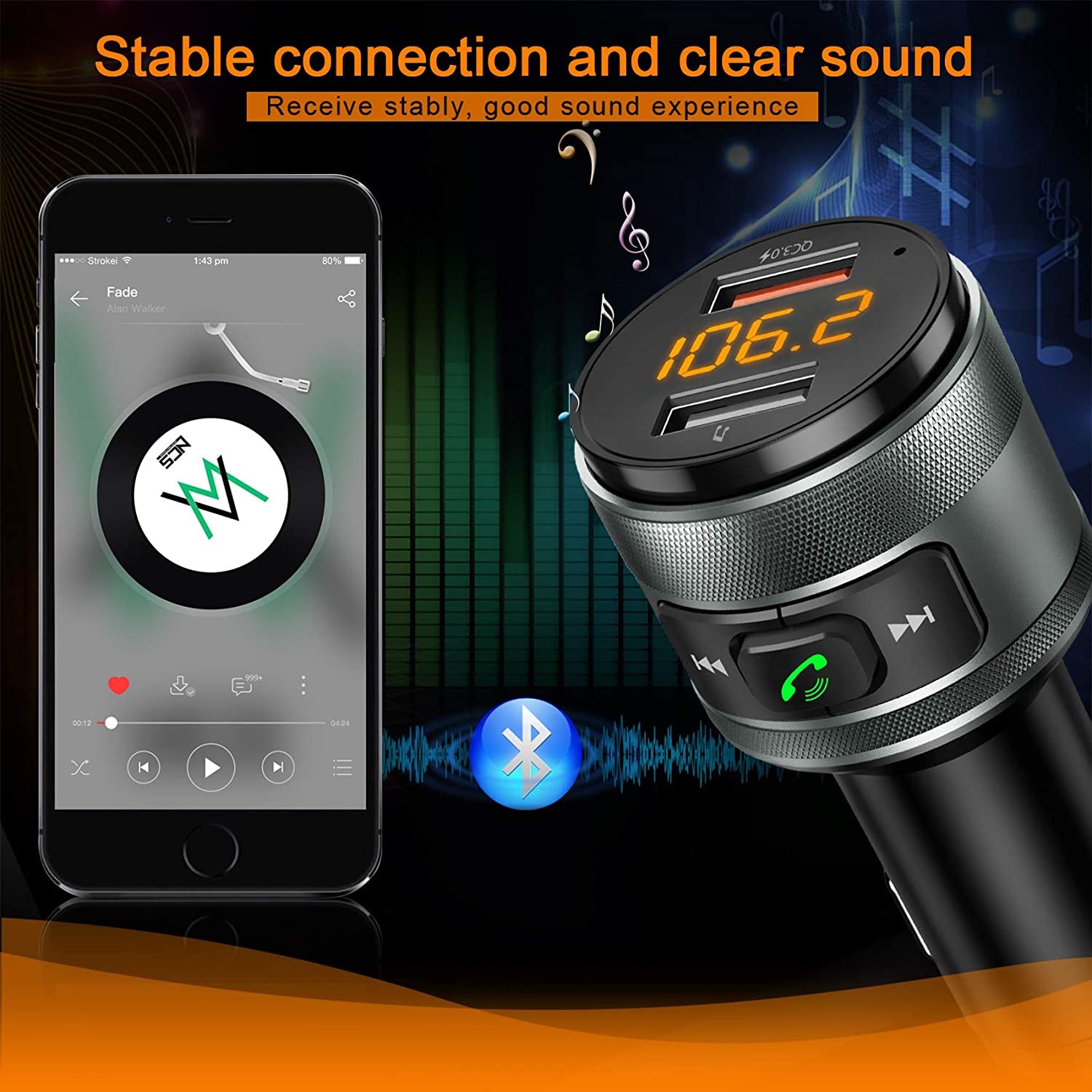 Wireless Bluetooth 5.0 FM Transmitter for Car with Hands-Free Calling, Music Player, and Dual USB Ports Charger