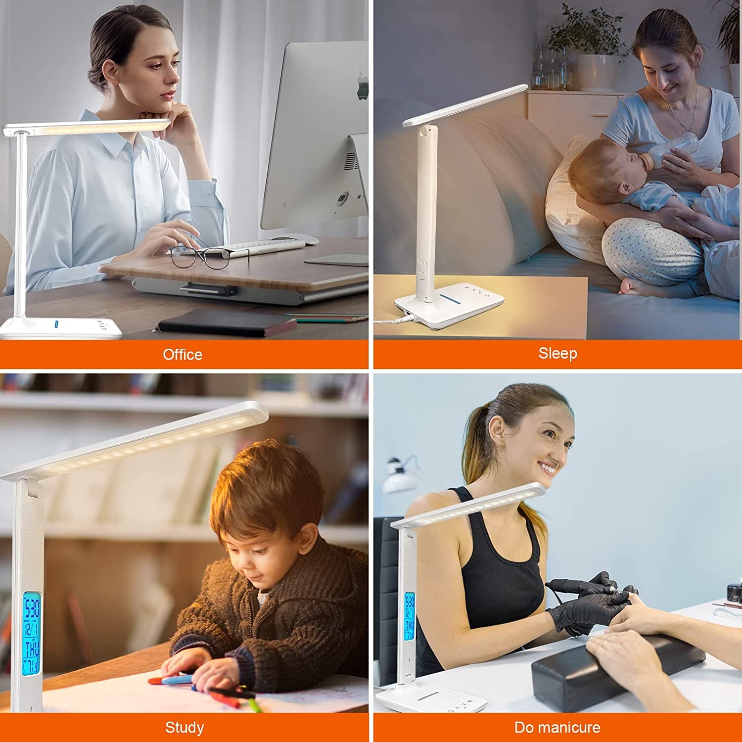 White Desk Lamp with Wireless Charger, USB Charging Port, Dimmable Light, Clock, Alarm, Date, and Temperature Display, Home and Office Use