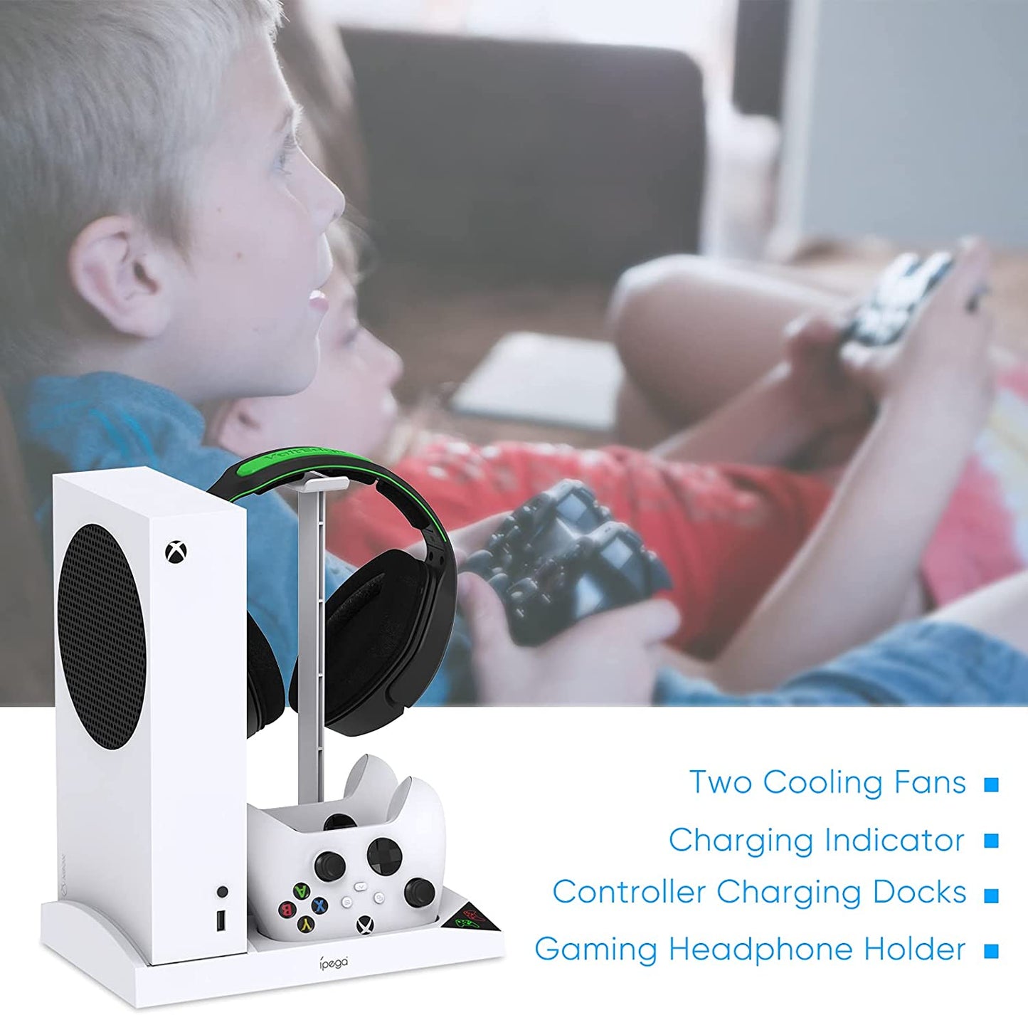 Vertical Cooling Fan Stand for Xbox Series S with Dual Controller Charging Dock Station, 2 X 1400mAh Rechargeable Battery Pack, and Headphone Bracket - White