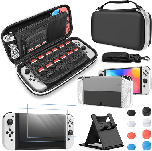 Accessories Bundle for Switch OLED with Carrying Case, Shoulder Strap, Tempered Glass Screen Protector, Protective Cover Case, Kickstand, and Thumb Grip Caps