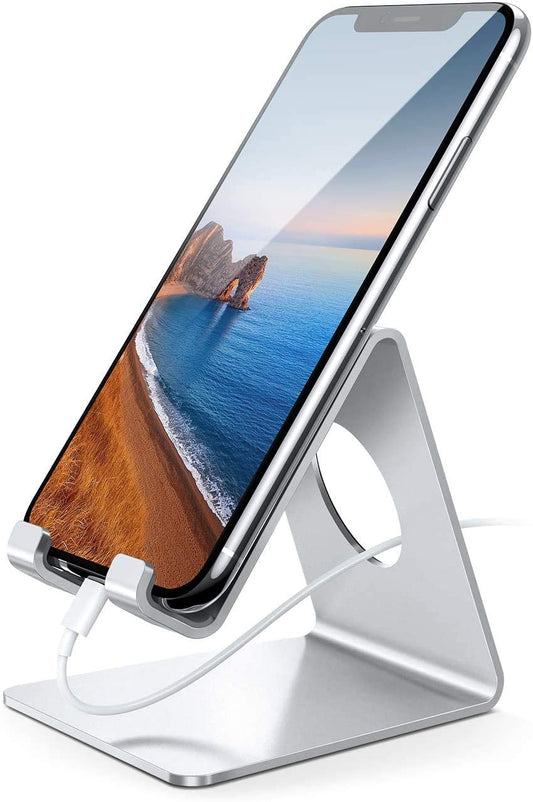Silver Cell Phone Stand and Charging Dock - Compatible with Phone 12 Mini, 11 Pro, Xs Max, XR, X, 8, 7, 6 plus, SE, and All Smartphones