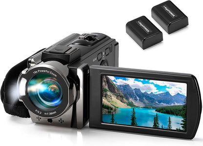 Full HD 1080P Digital Video Camera Recorder with 24MP, 3.0 Inch LCD, 16X Digital Zoom, and Dual Battery Pack (Black)