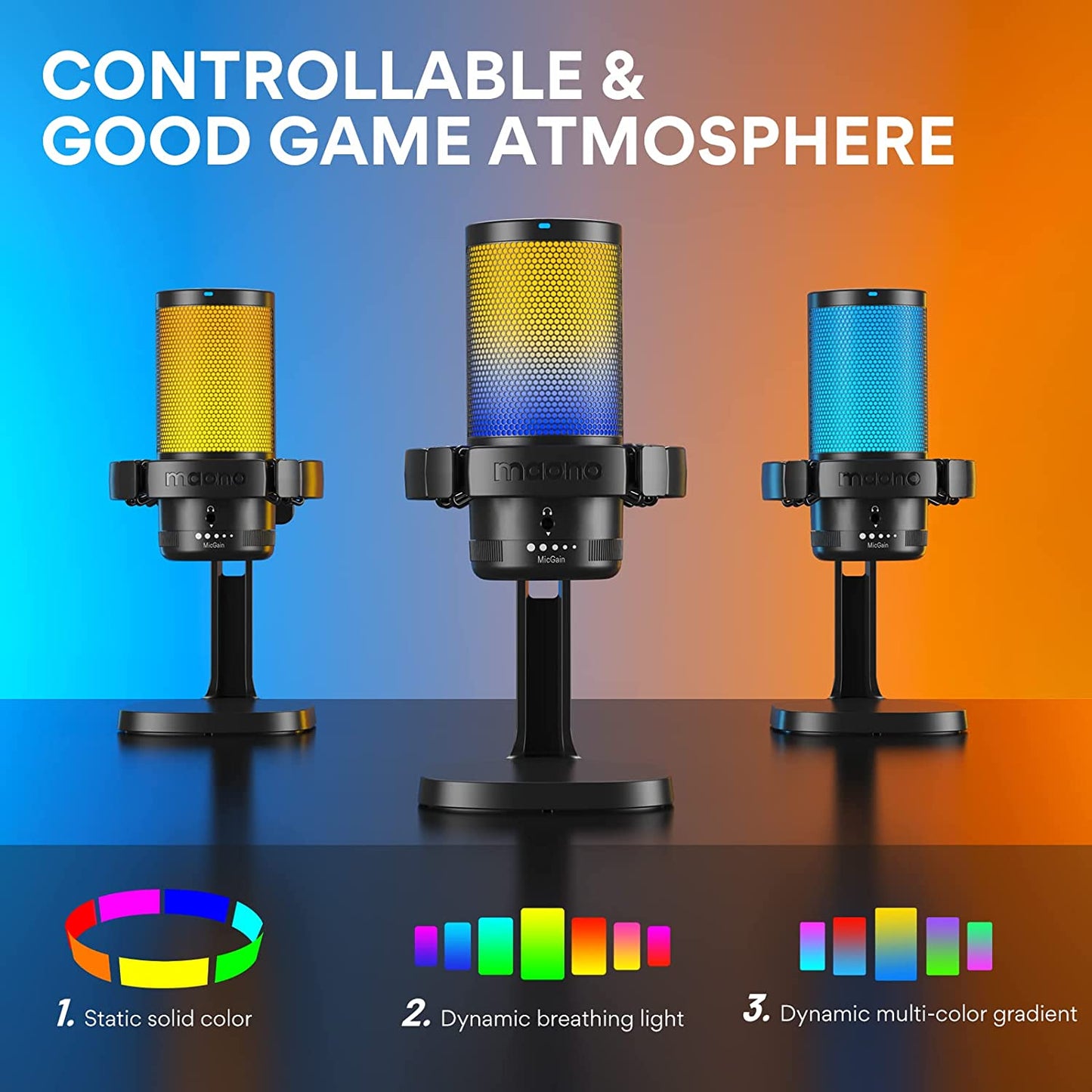 USB Gaming Microphone for PC, Noise Cancellation Condenser Mic with RGB Lights, Mute, Gain for Streaming, Recording, Computer, PS5, PS4, Gamerwave