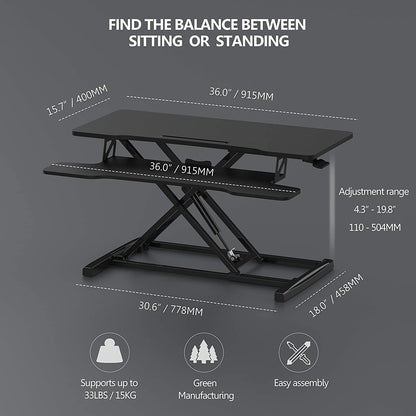 36" Wide Height Adjustable Standing Desk - Sit to Stand Converter with Dual Monitor Riser - Black