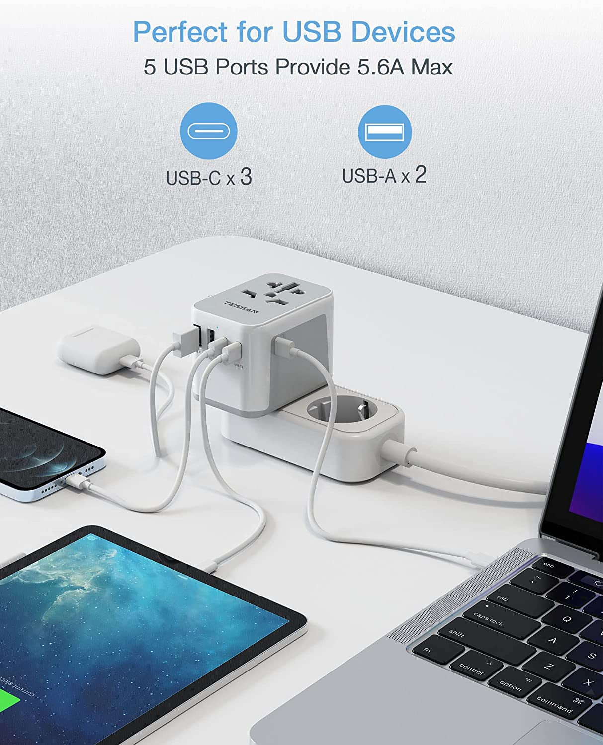All-In-One Universal Travel Adapter with Multiple Ports and USB Charging Capability for Worldwide Use