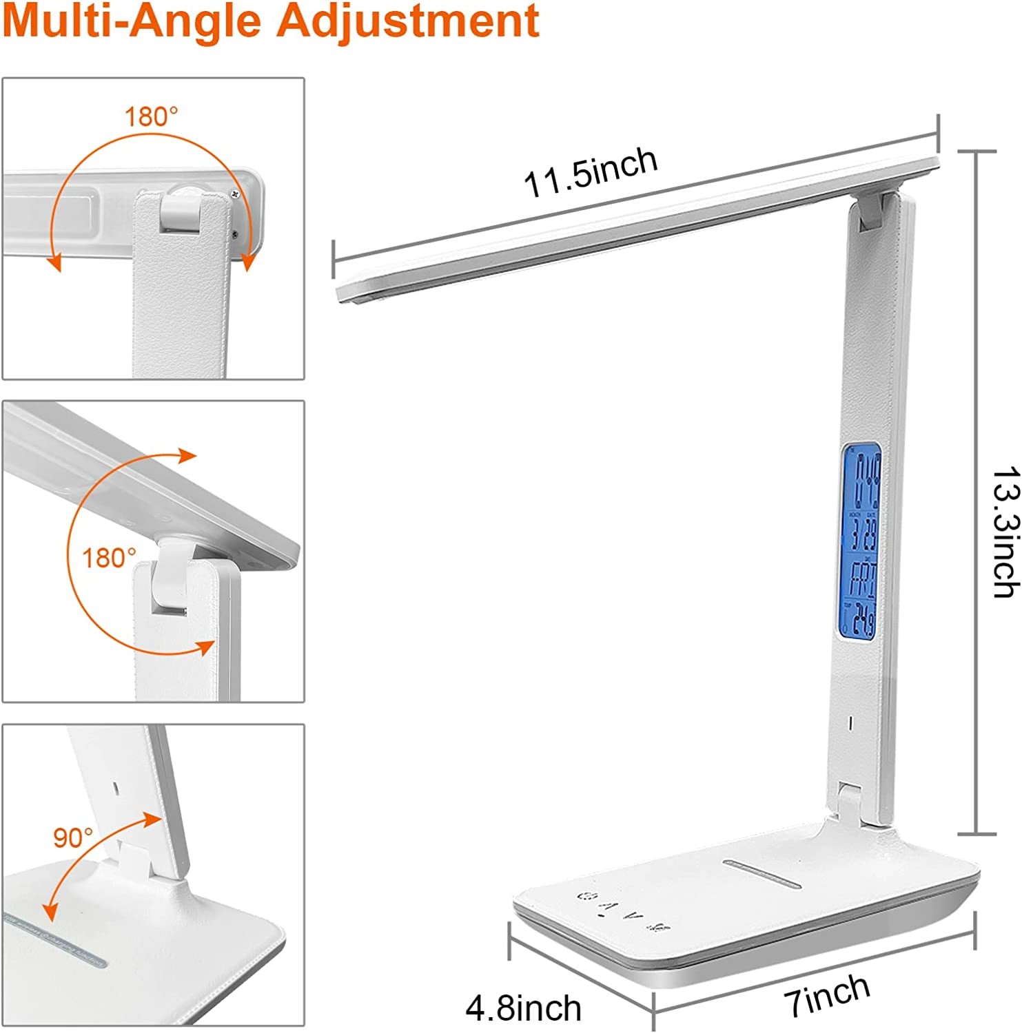 White Desk Lamp with Wireless Charger, USB Charging Port, Dimmable Light, Clock, Alarm, Date, and Temperature Display, Home and Office Use