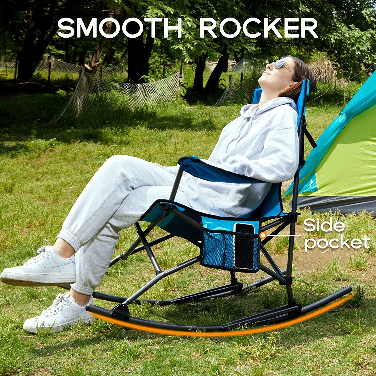 Portable Folding Outdoor Rocking Chair with High Back, Cup Holder, Side Pocket, and Carry Bag - Supports up to 300 lbs (Blue)