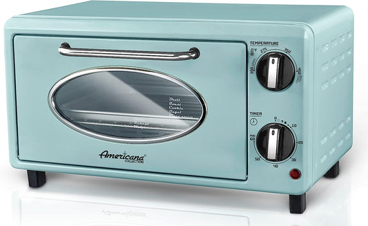 Maximatic Americana Collection ETO147M Retro Countertop Toaster Oven - Bake, Toast, Fits 8" Pizza - Temperature Control & Adjustable 60-Minute Timer - 1000W - 2 Slice - Mint