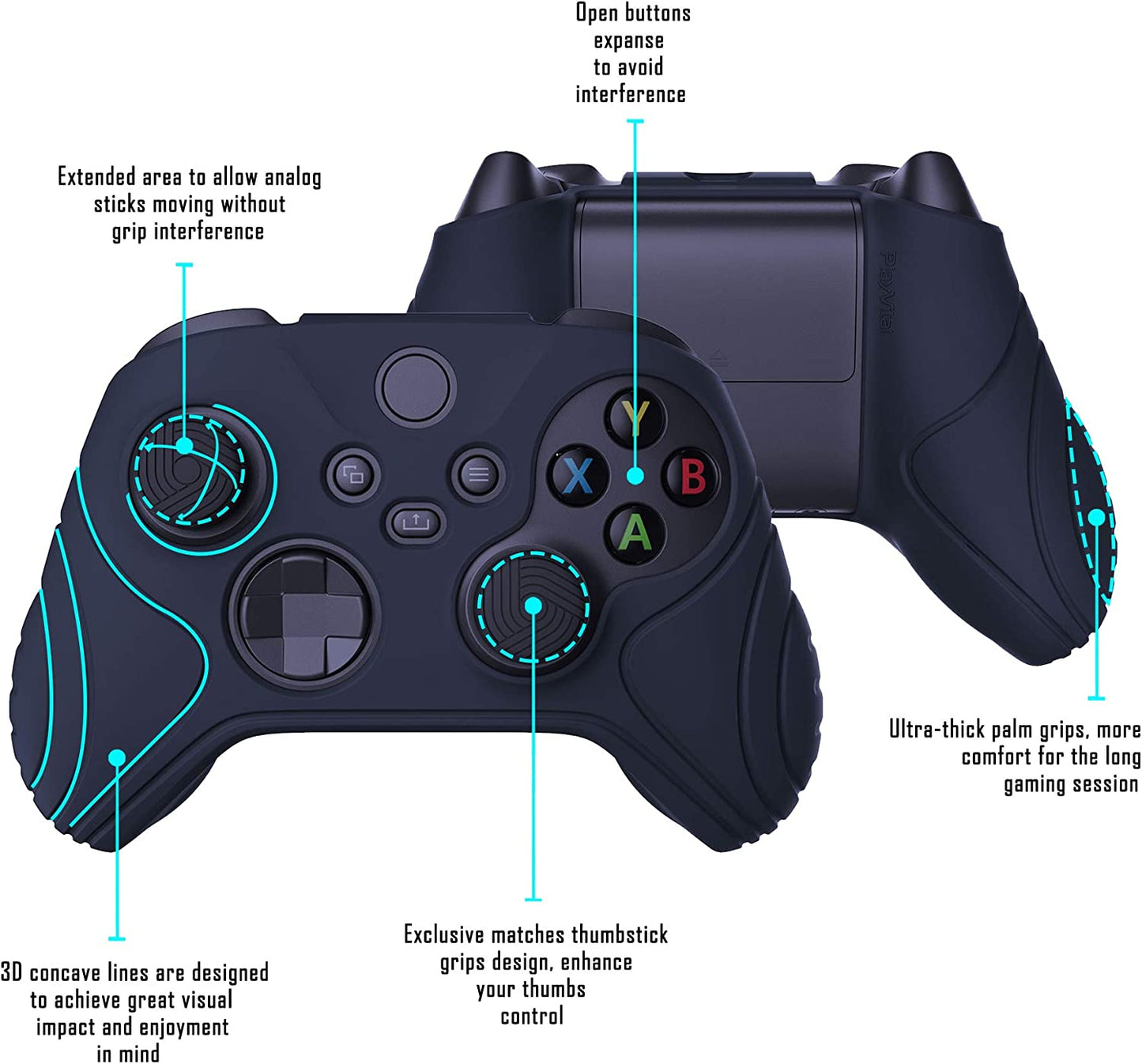 Ergonomic Midnight Blue Playvital Samurai Edition Anti-Slip Silicone Skin Controller Grip for Xbox Series S/X Controller Thumb Stick Caps