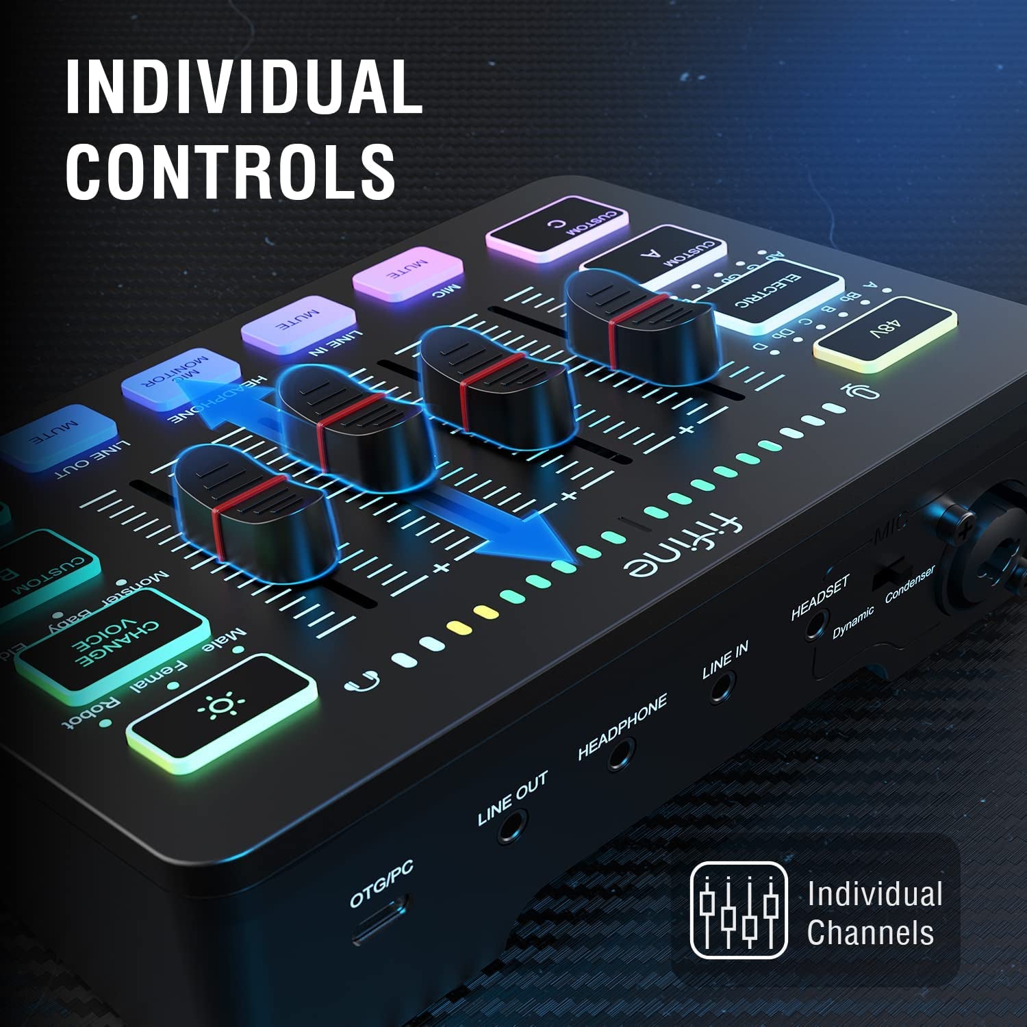 Streaming RGB PC Mixer with XLR Microphone Interface, Independent Control, Volume Fader, and Mute Button - Enhance Your Gaming Audio Experience with 48V Phantom Power for Podcasts, Vocal Recordings, and Game Voiceovers