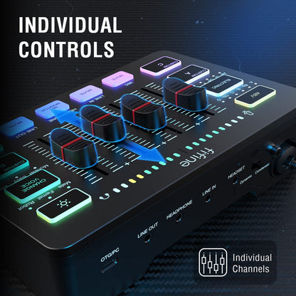 Streaming RGB PC Mixer with XLR Microphone Interface, Independent Control, Volume Fader, and Mute Button - Enhance Your Gaming Audio Experience with 48V Phantom Power for Podcasts, Vocal Recordings, and Game Voiceovers