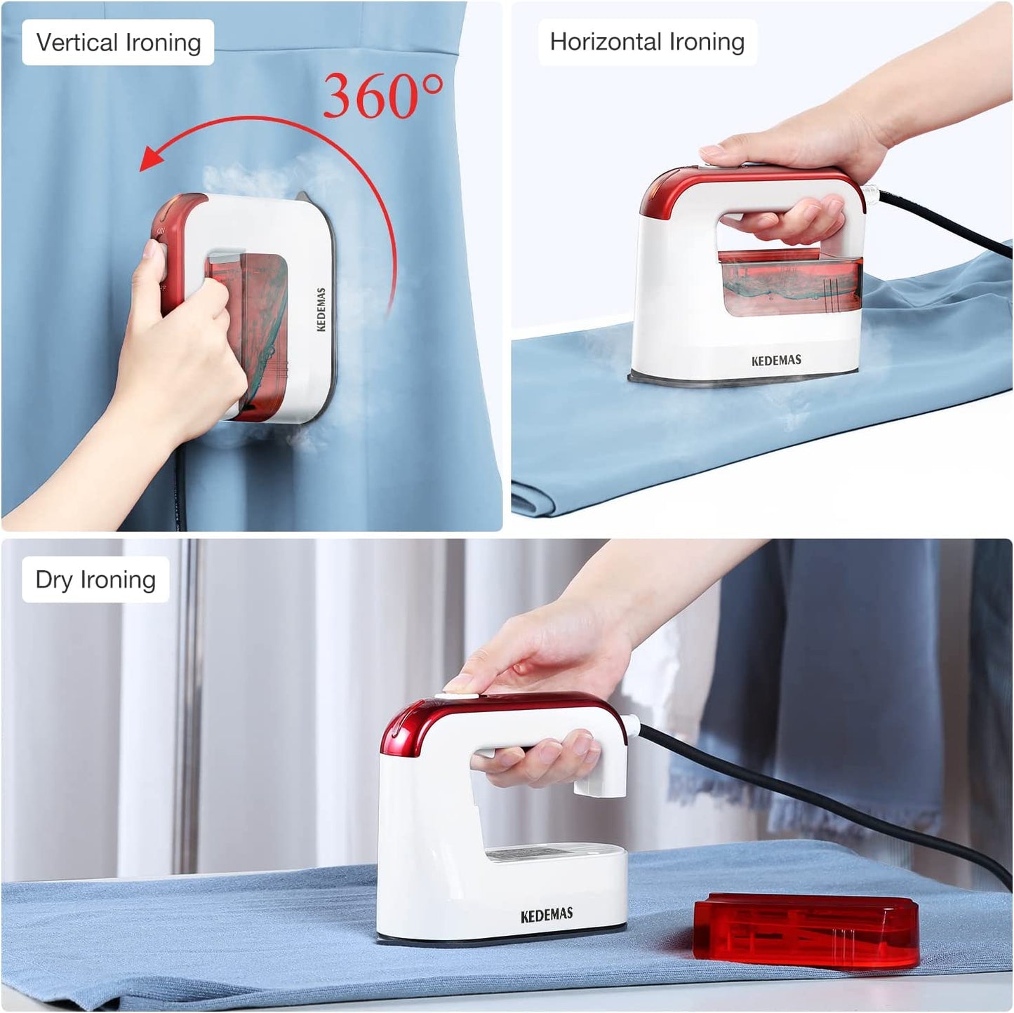 Travel Steamer Iron for Clothes,  1300W Powerful Mini Handheld Garment Fabric Iron, Horizontal and Vertical Ironing 4 in 1, 40S Fast Heat-Up, Portable Compact Steam for Traveling and Home, Red