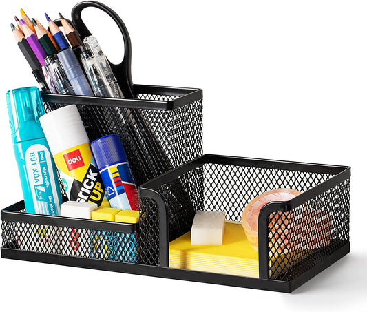 Black Mesh Desk Organizer with Pencil Holder, Storage Baskets, and 3 Compartments for Office Supplies and Desktop Accessories