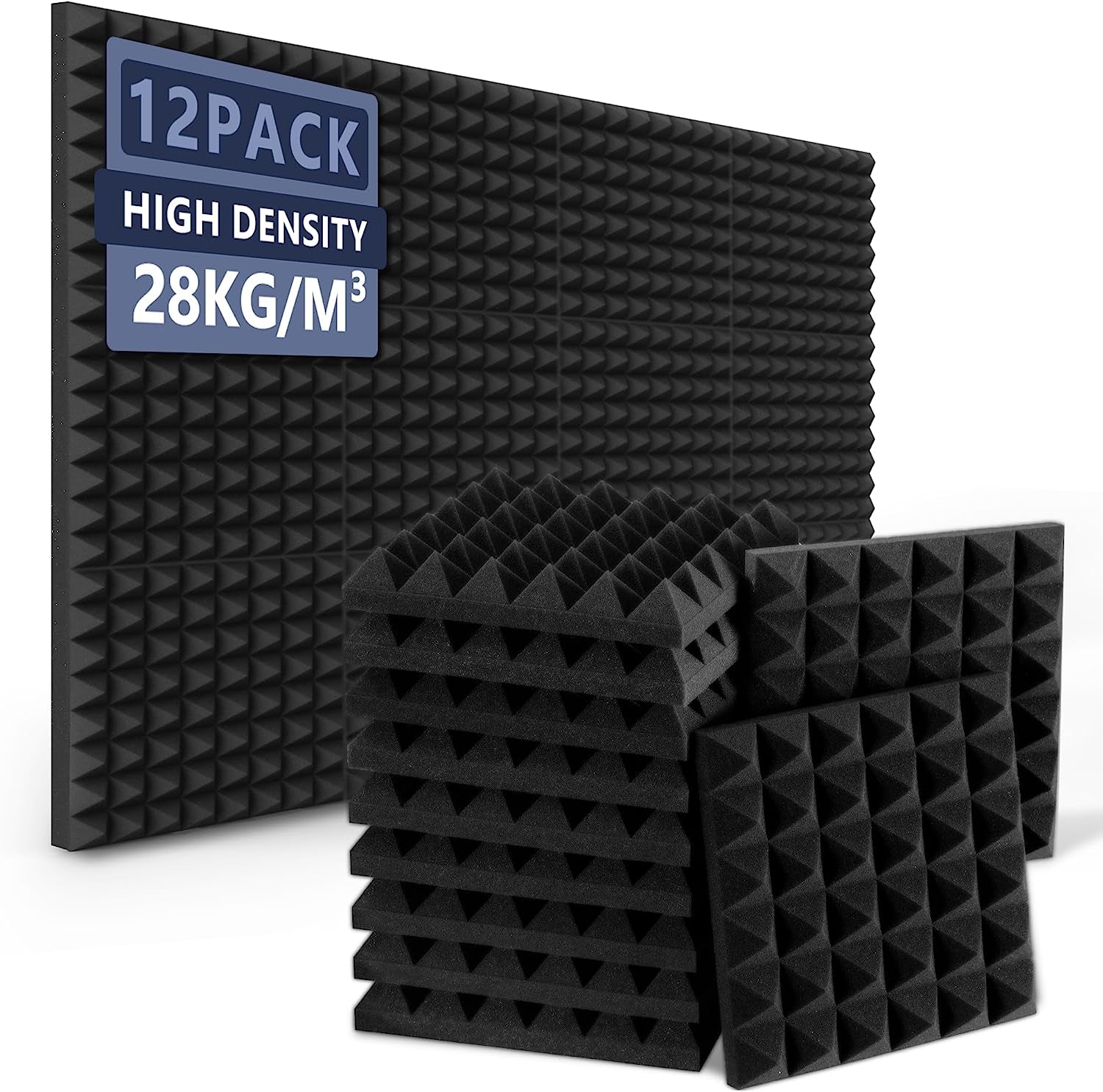 Acoustic Foam Panels (12 Pcs), 12'' X 12" X 2 Inch Thick Pyramid Soundproofing Treatment for Recording Studio, Bedroom Walls - Noise Reduction Panels (Adhesive Not Included)