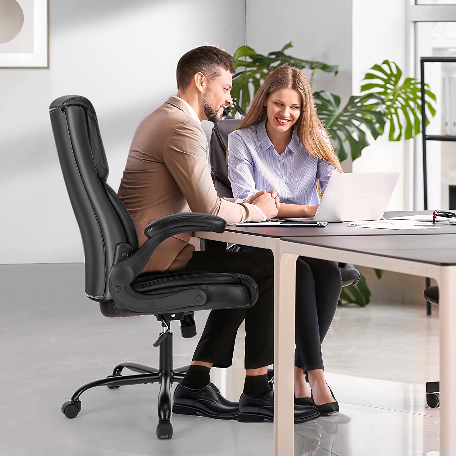 Professional Office Chair - Ergonomic Adjustable Computer Desk Chair with High Back Flip-Up Armrests, Swivel Task Chair with Lumbar Support and Bonded Leather