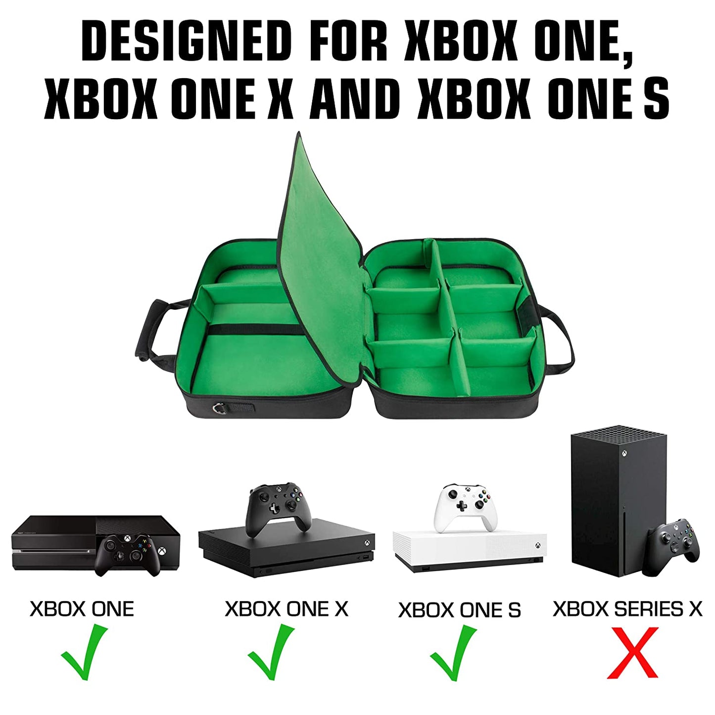 Console Carrying Case, Travel Bag for Xbox One and Xbox 360, Water Resistant Exterior, Dedicated Storage for Controllers, Cables, and Gaming Headsets
