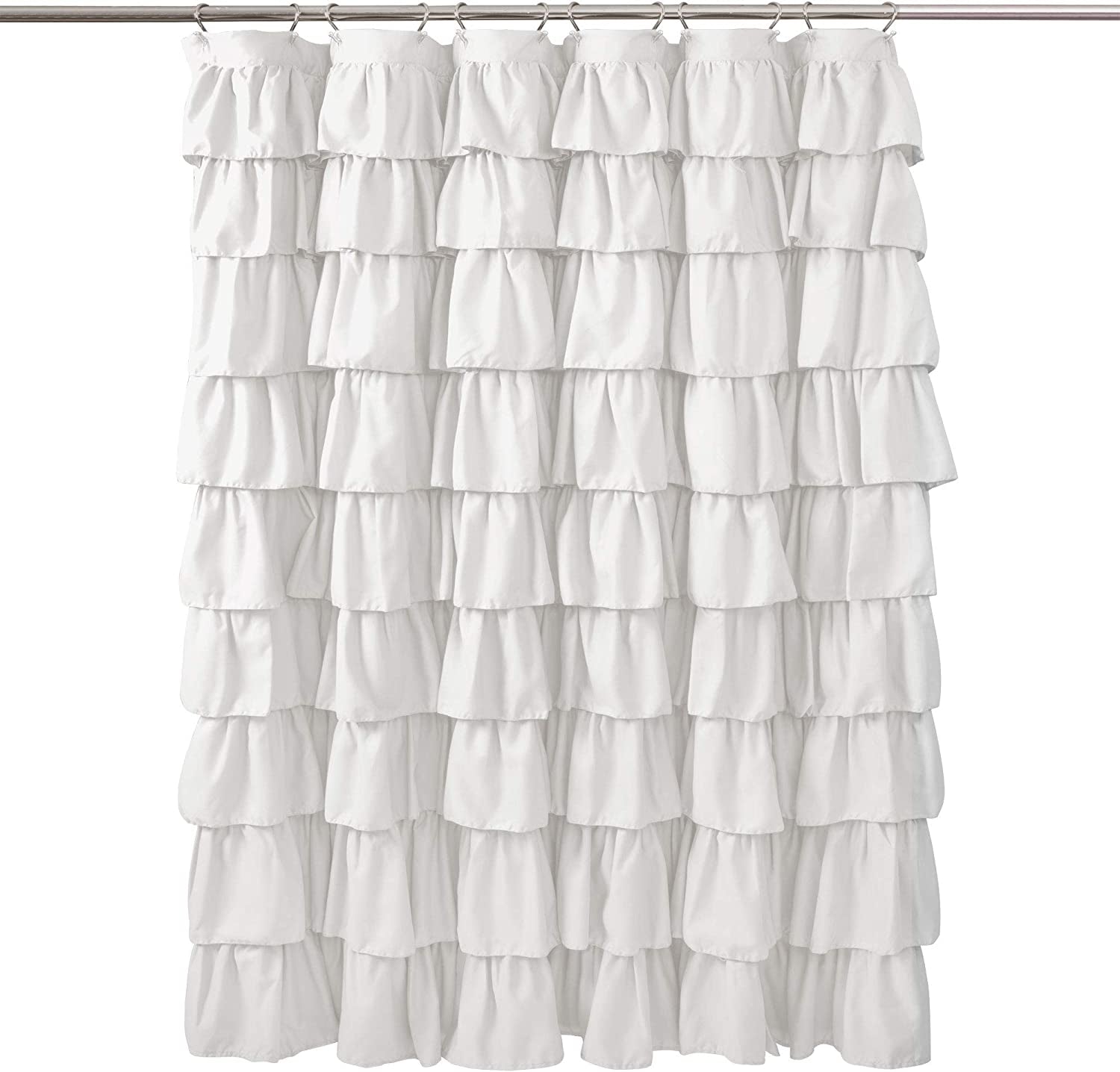 Ruffle Shower Curtain by Lush Decor | Vintage Chic Farmhouse Style Design with Floral Textured Pattern, White, 72" X 72"