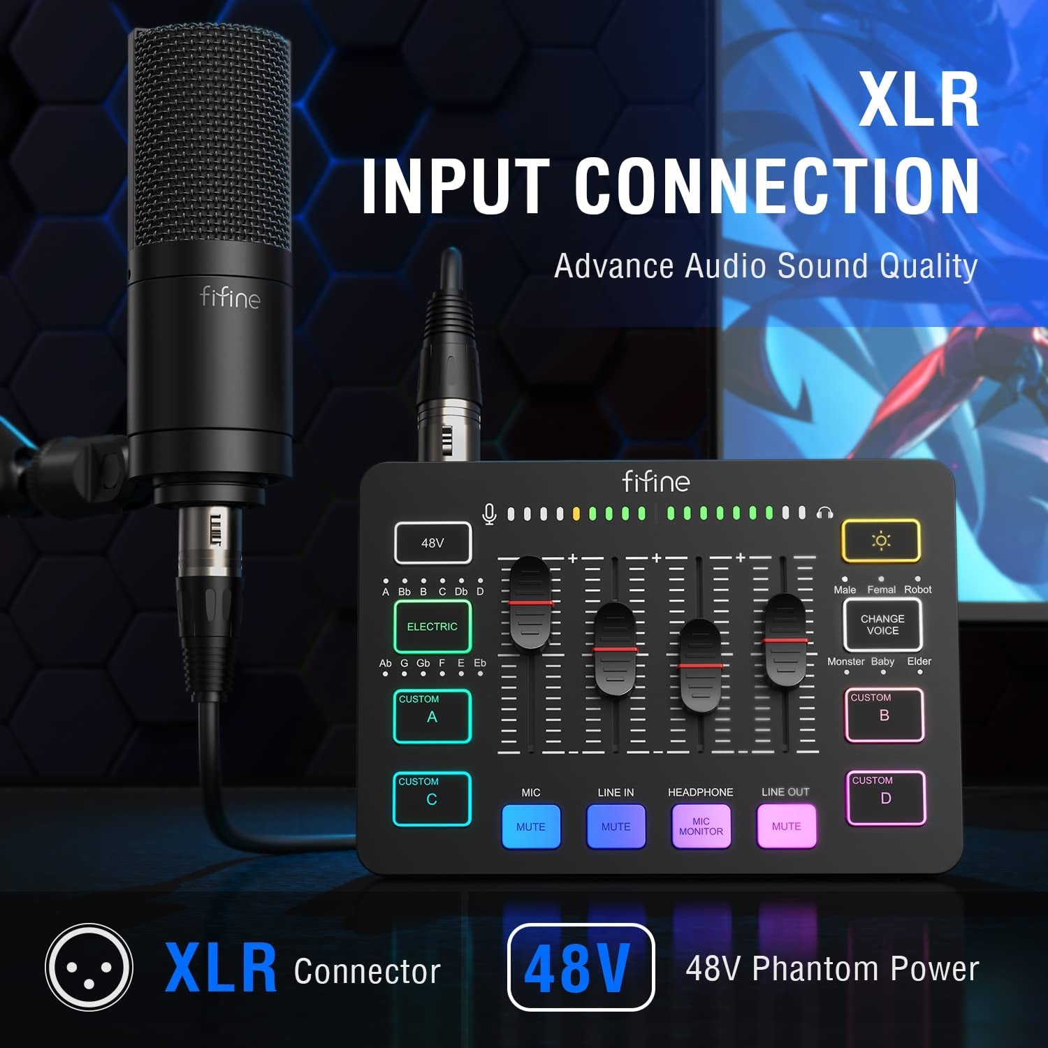 Streaming RGB PC Mixer with XLR Microphone Interface, Independent Control, Volume Fader, and Mute Button - Enhance Your Gaming Audio Experience with 48V Phantom Power for Podcasts, Vocal Recordings, and Game Voiceovers