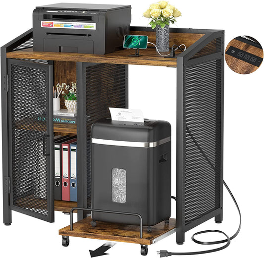 Rustic Brown 3-Tier Lateral Office Filing Cabinets with Integrated Socket and USB Charging Port, Contemporary Printer Stand and Paper Shredder Stand Rack with Mobility Wheels and Open Storage Shelves