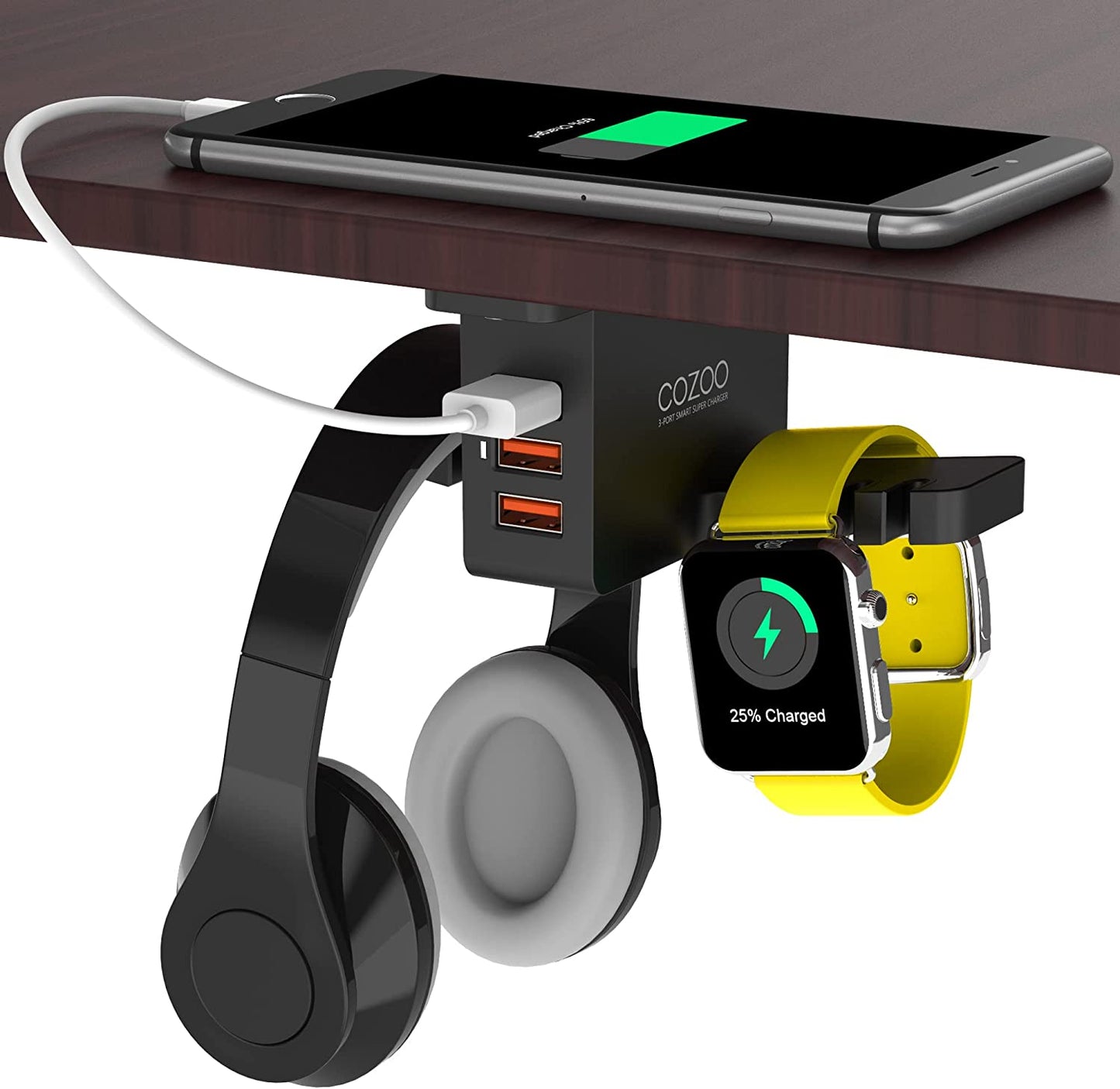 Under Desk Headphone Stand with USB Charger, 3 Port USB Charging Station, Iwatch Stand, and Dual Earphone Hanger Hook - UL Tested