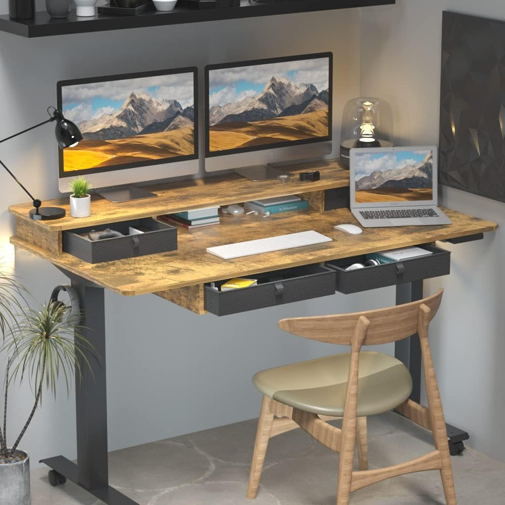 Electric Height Adjustable Desk with Double Storage Shelves, 4 Drawers, and Wide Surface Area - Rustic Brown, for Home Office Workstation