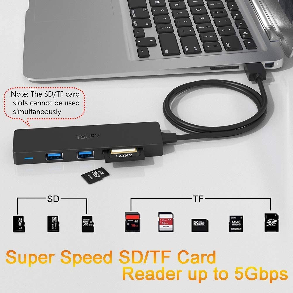 USB Hub 3.0 Splitter,  USB 3.0 Hub Multi USB Adapter Port Expander with 4Ft Cable, SD/TF Card Reader & 3 USB 3.0 Ports Compatible for PC, Laptops, Surface Pro, Macbook, Imac Pro