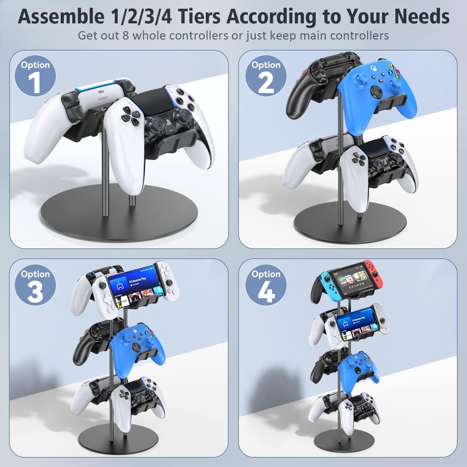 4-Tier Controller Stand with Cable Organizer for Desk - Universal Display Stand for Xbox, PS5, PS4, Nintendo Switch - Includes Headset Holder and Desk Mounts for 8 Controllers