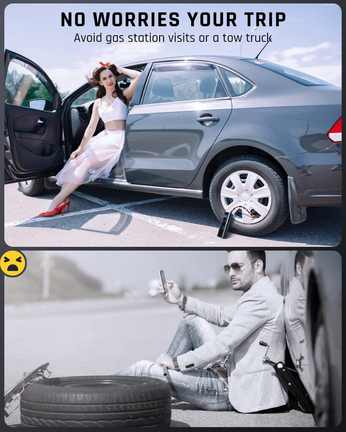 Efficient and Easy-to-Use Portable Tire Inflator for Cars and Motorcycles with Auto Stop Function, Cordless Electric Bike Air Pump, Rechargeable Battery, Large LCD Display and Lightweight Design