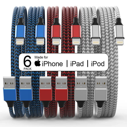  6 Pack - Apple MFi Certified iPhone Charger - 3/3/6/6/6/10 ft Nylon Braided Lightning Cable for Fast Charging - Compatible with iPhone 13/12/11/Pro Max/XS/X