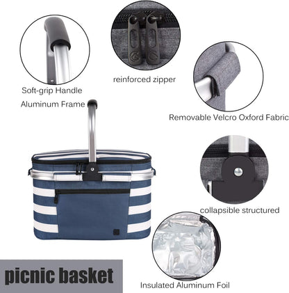 Portable and Collapsible Insulated Picnicking Basket Shopping Cooler Bag - Blue and White Stripe Design