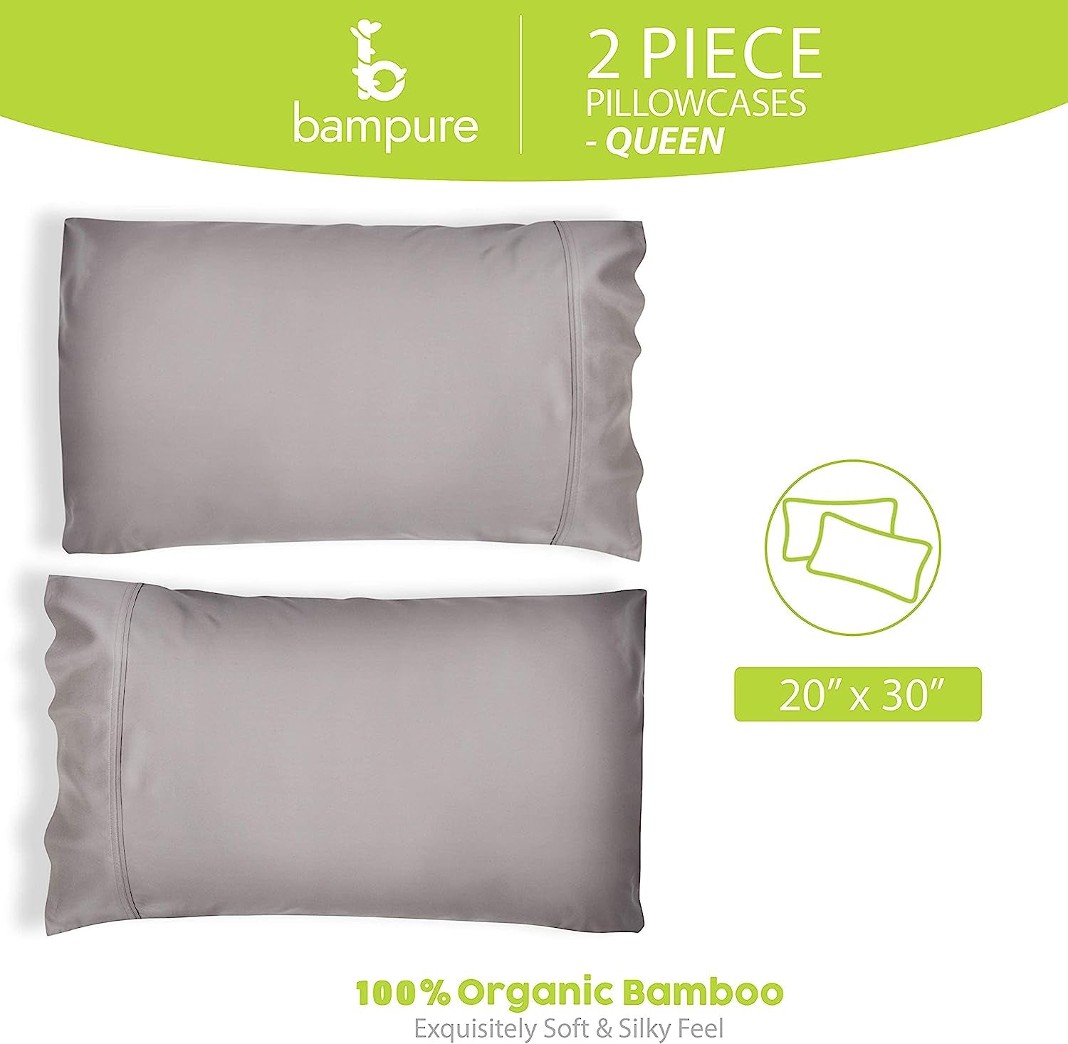 Premium Bamboo-Derived Viscose Pillowcases - Cooling Pillowcases for Hot Sleepers - Set of 2 Queen Size Pillowcases (20X30) - Stone Gray