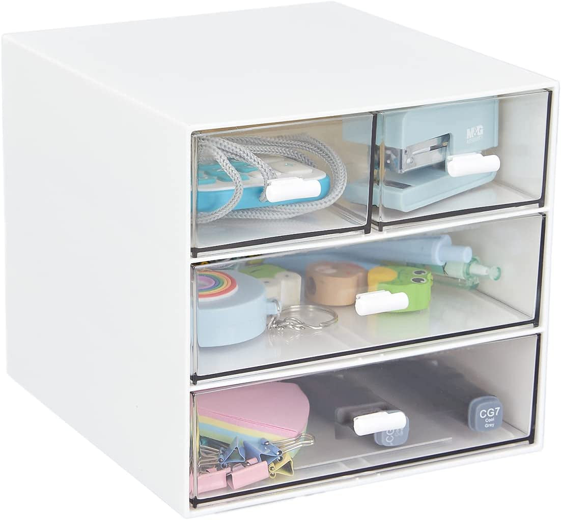 Clear Plastic Desk Organizer with 4 Drawers - Desktop Storage Solution for Office Supplies, Writing Instruments, Paperclips, and Chargers (White)