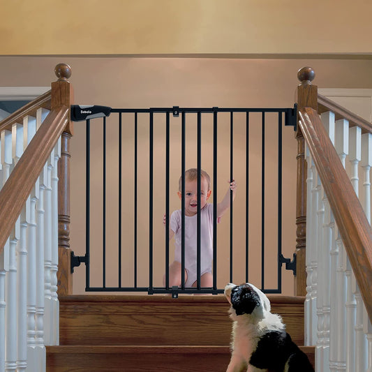 Auto Close Baby/Dog Gate for Stairs with Extra-Wide Walk Thru Door - 26-43" - Easy Swing Doorway and Hallway Pet Gate - Iron Black