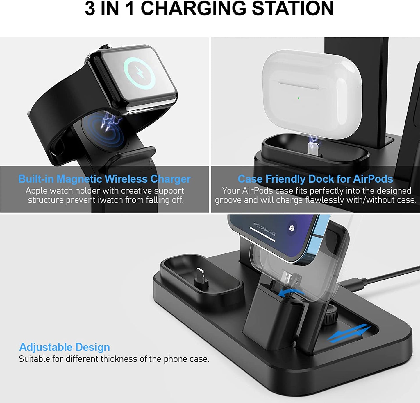 Multi-Device Charging Station for Apple Products with Removable Stand, Compatible with iPhone Series, AirPods Pro/3/2/1, Apple Watch Se/Ultra/8/7/6/5/4/3/2/1, 15W Adapter & Cable