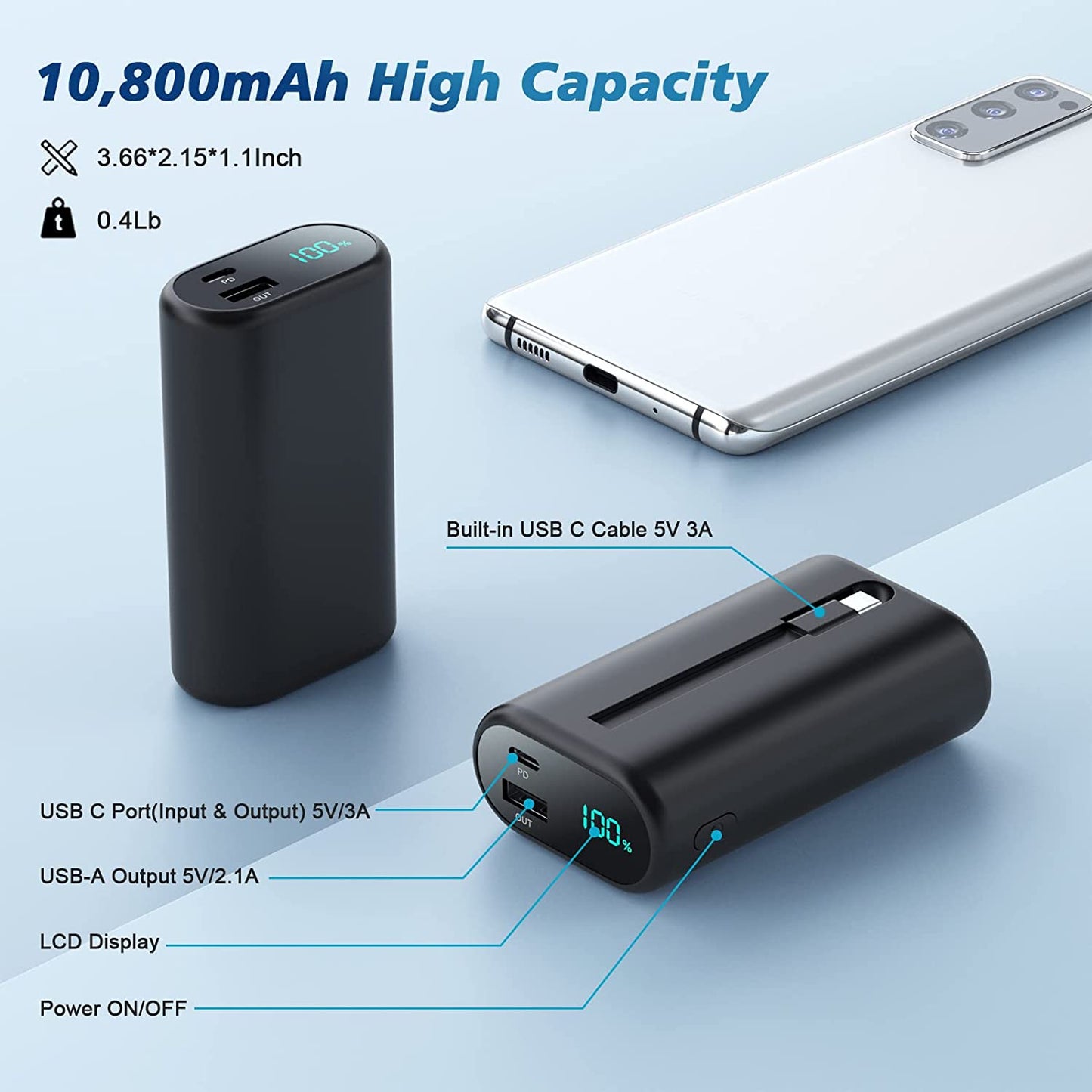 Small Portable Charger 10800Mah with Built-In USB-C Cable, Mini PD 3A Fast Phone Charging Power Bank,Lcd Display Android Charger Battery Pack Compatible with Samsung Galaxy S22/S21,Note,Moto,Lg