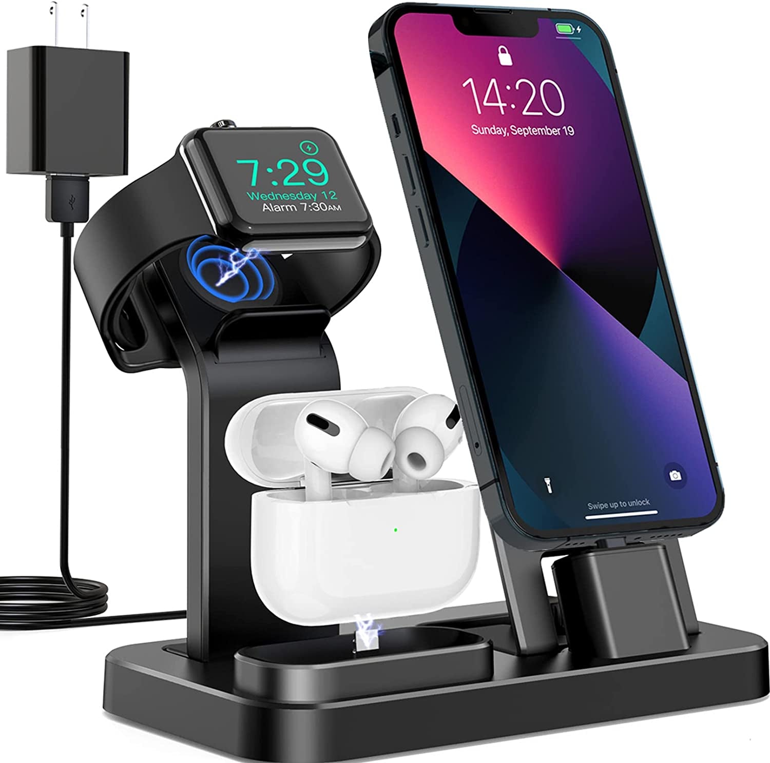 Multi-Device Charging Station for Apple Products with Removable Stand, Compatible with iPhone Series, AirPods Pro/3/2/1, Apple Watch Se/Ultra/8/7/6/5/4/3/2/1, 15W Adapter & Cable