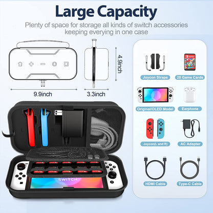  Portable OLED Carrying Case, Travel Carry Case for Nintendo Switch Joy-Con and Adapter, Durable Hard Shell Protective Pouch Case with 20 Games - Black