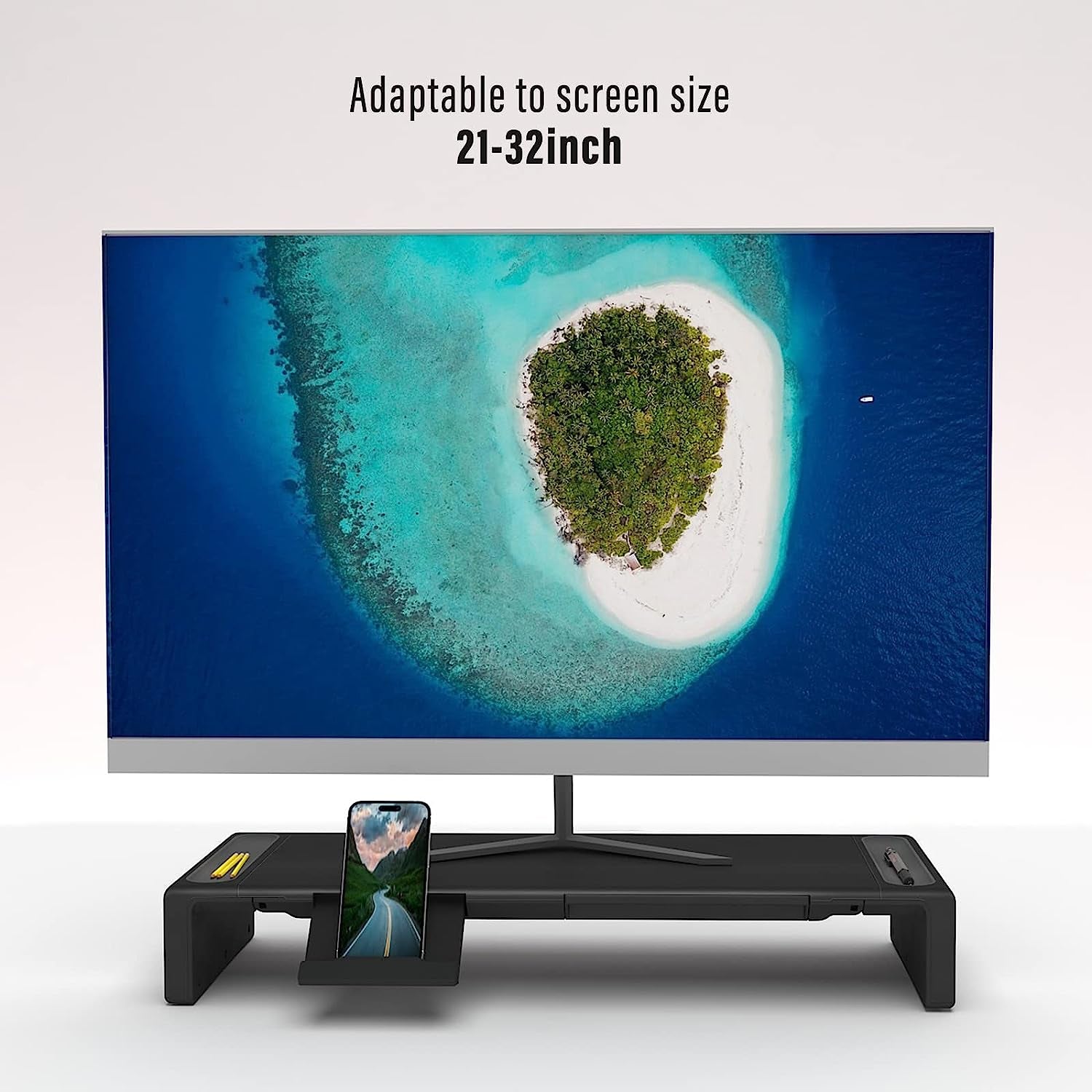 Foldable Monitor Stand Riser with Adjustable Height, Storage Drawer, Pen Slot, Phone Stand for Computer, Desktop, Laptop, Space-Saving Design