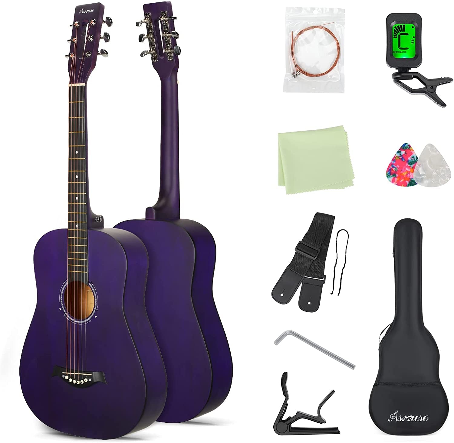 Full Size Classical Acoustic Guitar Kit - 38 Inch, 6 Strings - Includes Gig Bag, Tuner, Picks, Strap - Perfect for Beginners, Adults, Teens - Elegant Purple Design