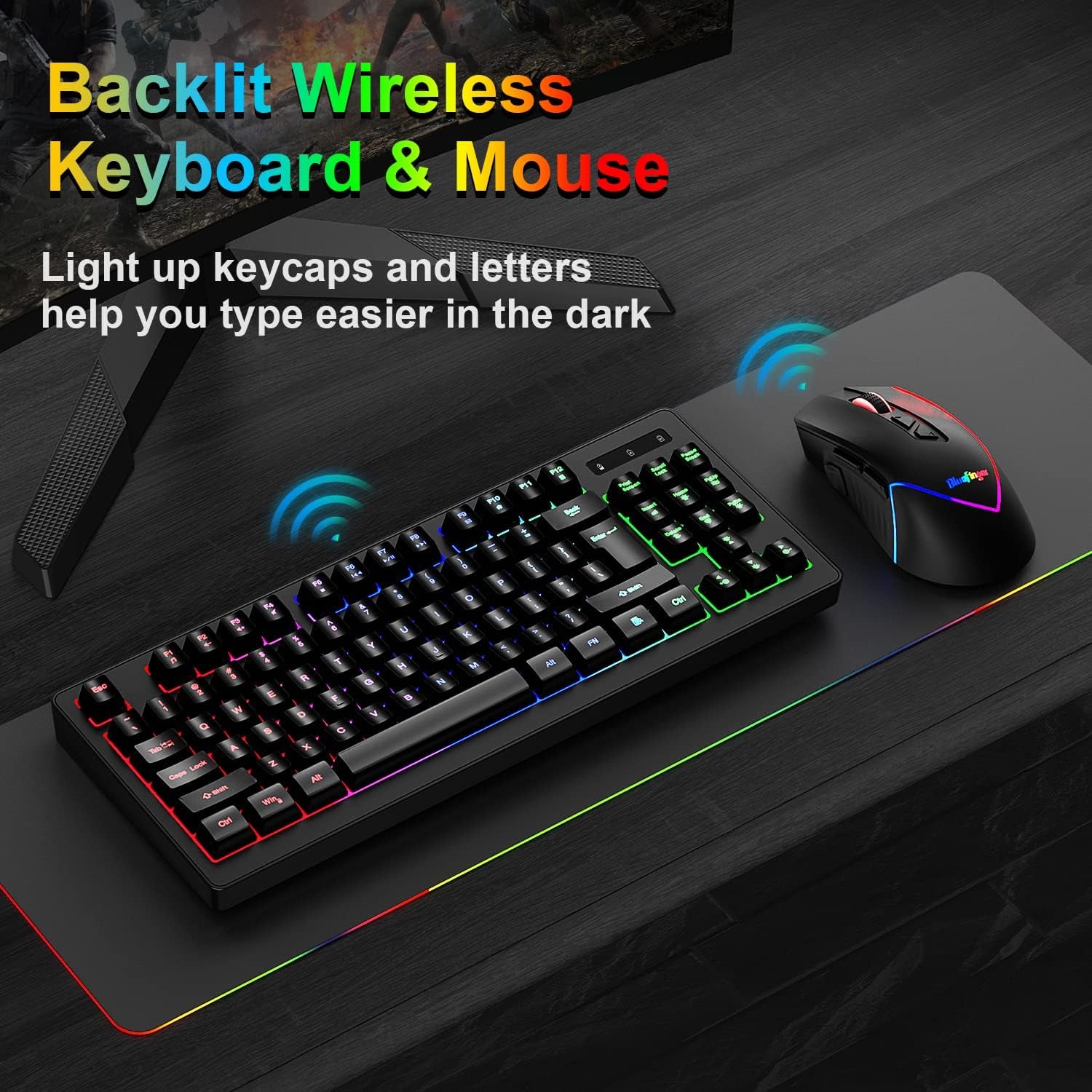 Rechargeable Wireless Gaming Keyboard and Mouse Combo with RGB Rainbow Backlit, Ergonomic Design for Mac, Laptop, Computer, and PC Gamers