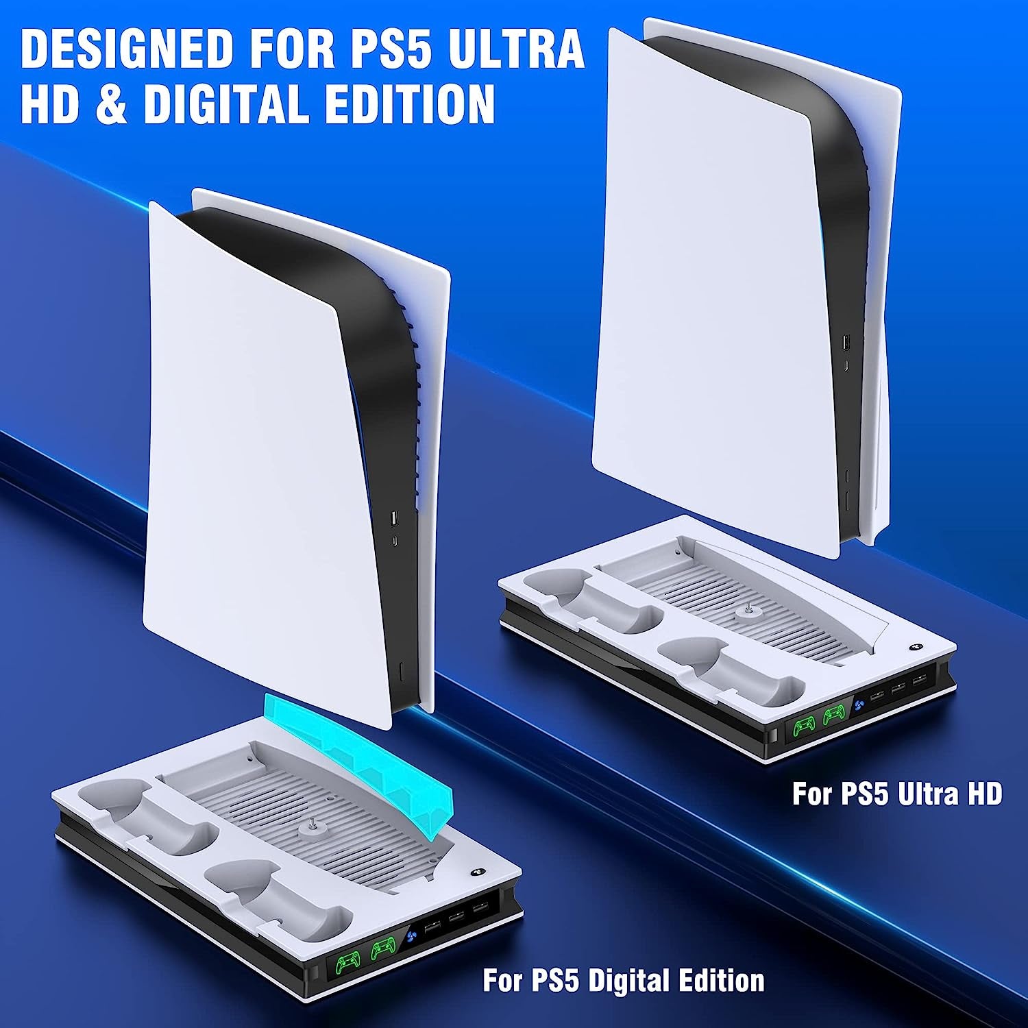 Enhanced PS5 Stand: Dual Cooling Fans, Rapid Controller Charging, and Additional USB Ports - Premium Vertical Stand for Sony Playstation 5
