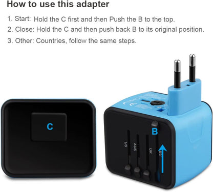 All-In-One Universal Travel Adapter with Dual USB, European Wall Charger for UK, EU, AU, Asia - Blue (Covers 150+ Countries)